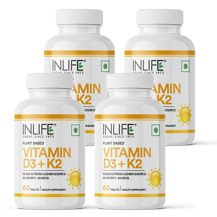 Inlife Plant-Based Vitamin D3 + K2 (MK7), 600 IU Lichen-Sourced D3 & 55 mcg MK7, Veg. Tablets