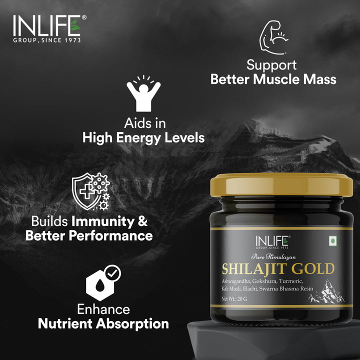 INLIFE Shilajit Gold 20g | Original Himalayan Shilajeet Resin with Ashwagandha, Tribulus, Turmeric, Kali Musli