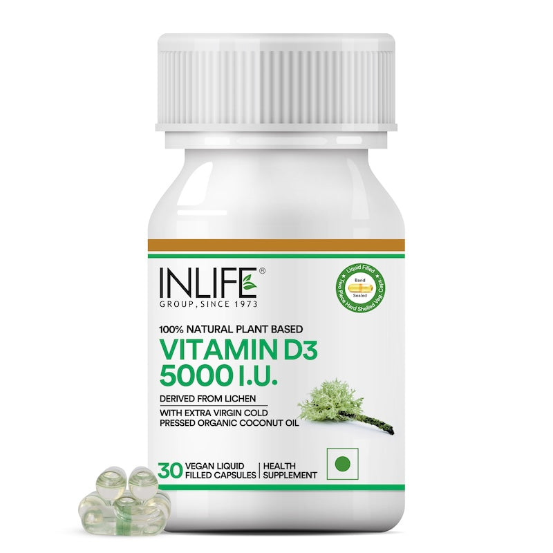INLIFE Plant Based Vegan Vitamin D3 from Lichen 5000 IU - 30 Liquid Filled Vegetarian Capsules