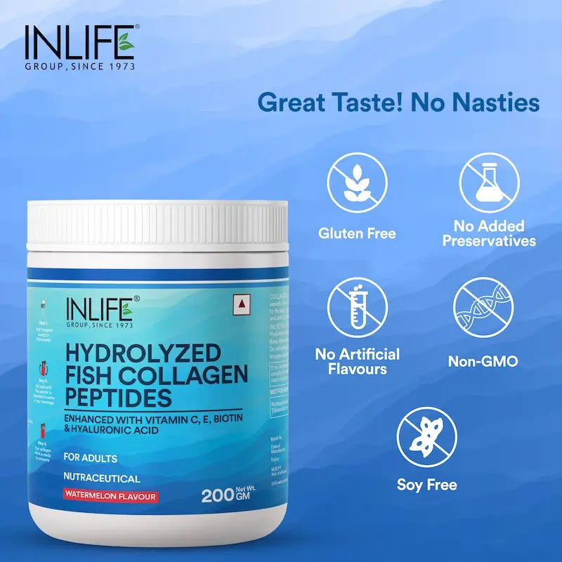 Inlife Hydrolyzed Fish Collagen Peptides Supplement | Enhanced with Vitamin E, Vitamin C, Biotin, Hyaluronic Acid 200g
