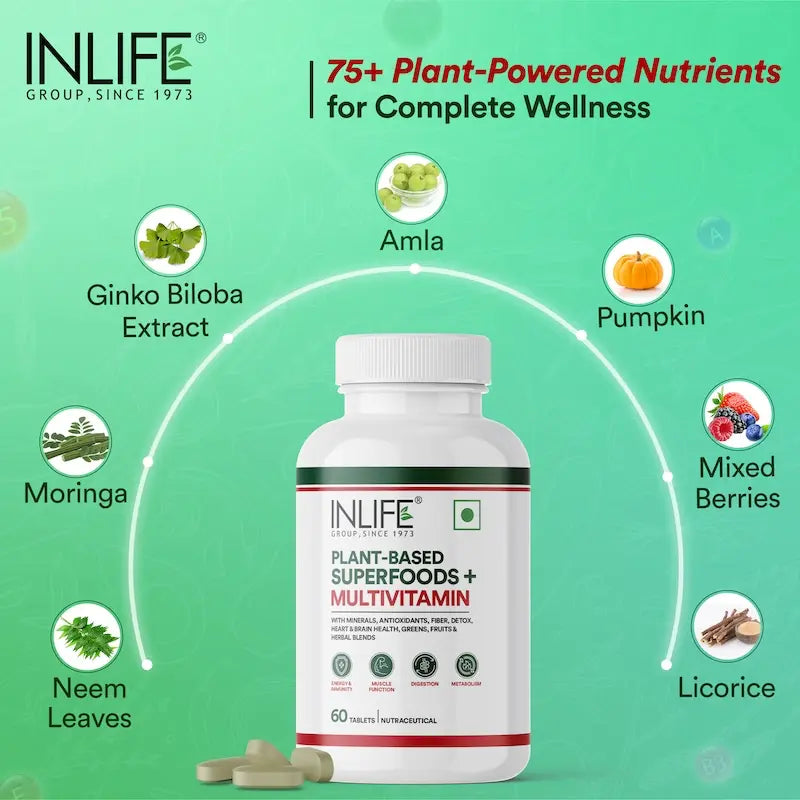 INLIFE Plant Based Multivitamins for Men & Women: Superfood+
