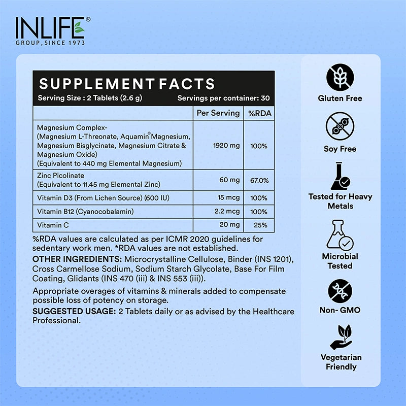 Inlife 5X Magnesium Complex 2000mg with Zinc, Vitamin C, D3, B12 Veg.Tablets