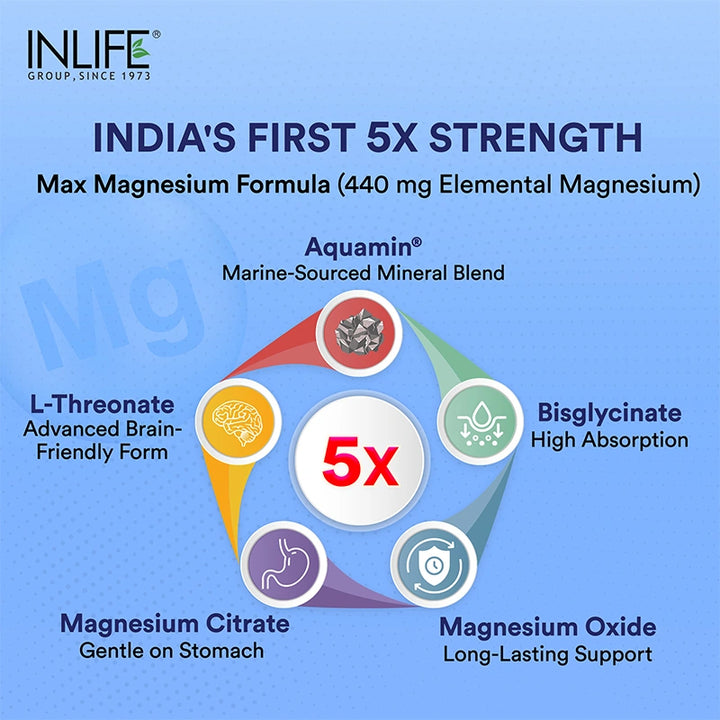 Inlife 5X Magnesium Complex 2000mg with Zinc, Vitamin C, D3, B12 Veg.Tablets