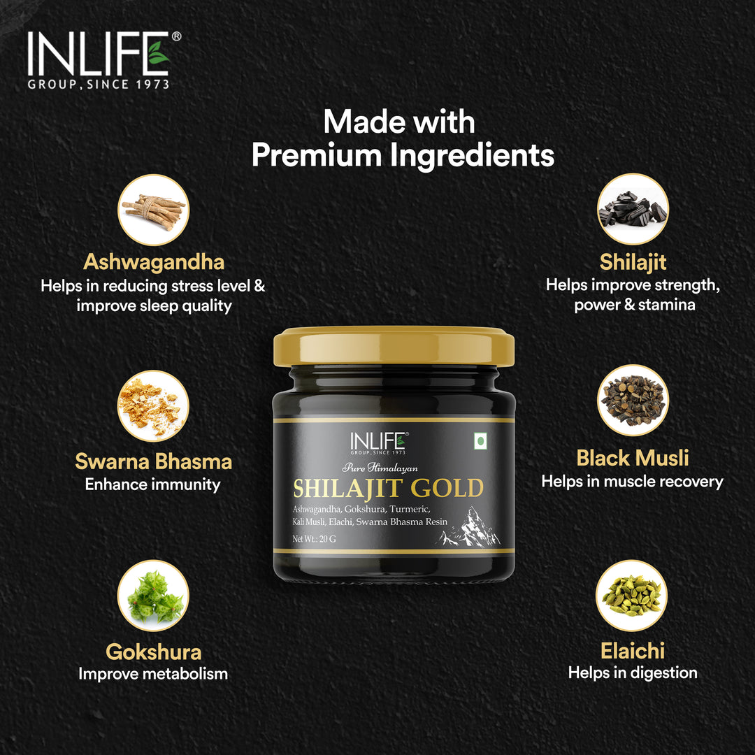 INLIFE Shilajit Gold 20g | Original Himalayan Shilajeet Resin with Ashwagandha, Tribulus, Turmeric, Kali Musli