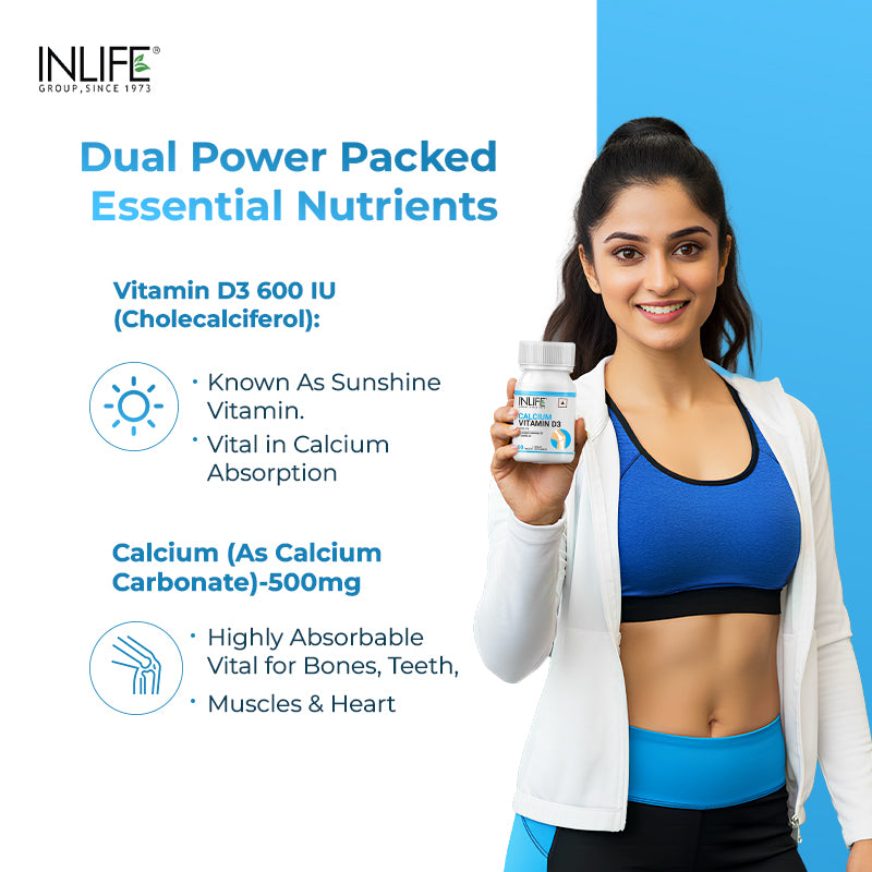 INLIFE Calcium 500 mg Vitamin D3 400 IU Supplement for Men Women