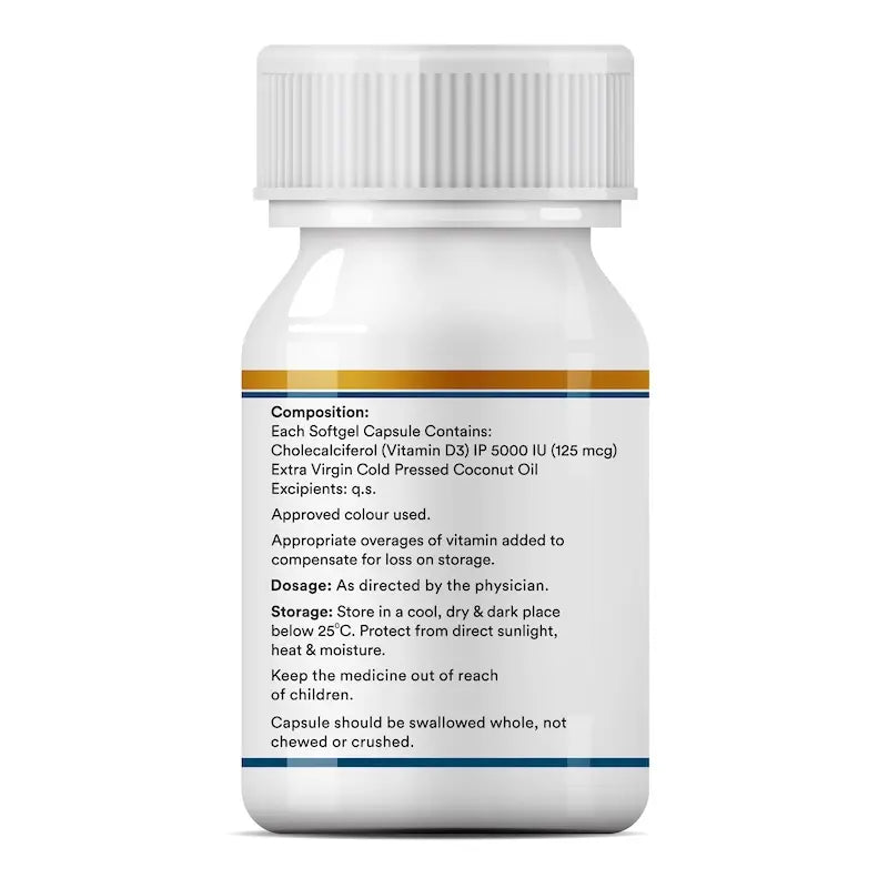 INLIFE Vitamin D3 Cholecalciferol 5000 IU Capsules Supplement - 60 Softgels
