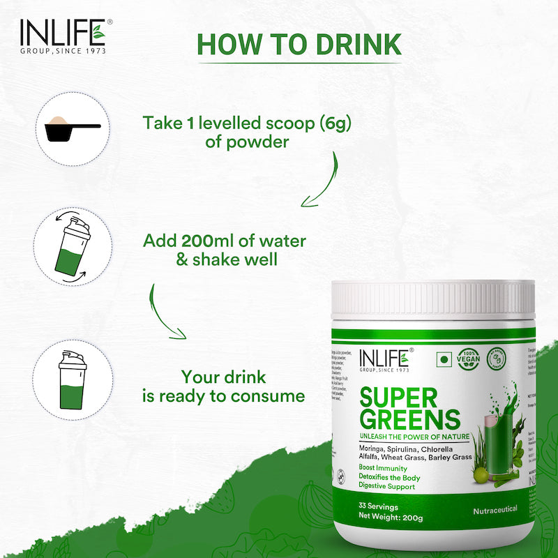 INLIFE Super Greens Powder Supplement | Immune Support, Energy Boost, Detox - 200g