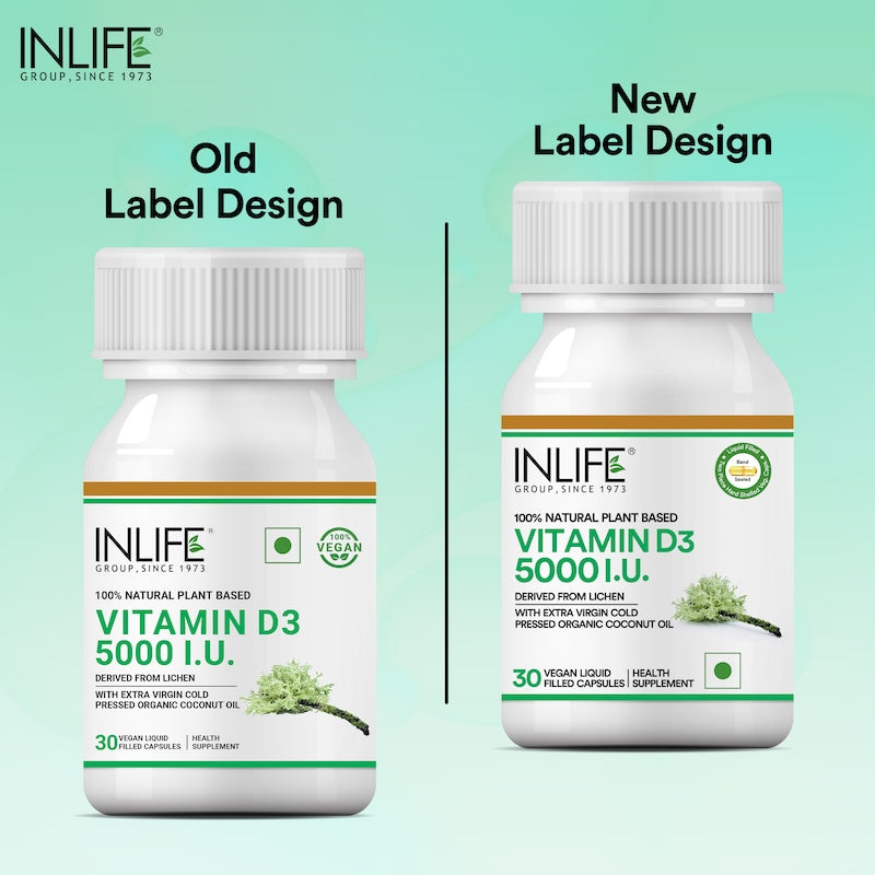 INLIFE Plant Based Vegan Vitamin D3 from Lichen 5000 IU - 30 Liquid Filled Vegetarian Capsules