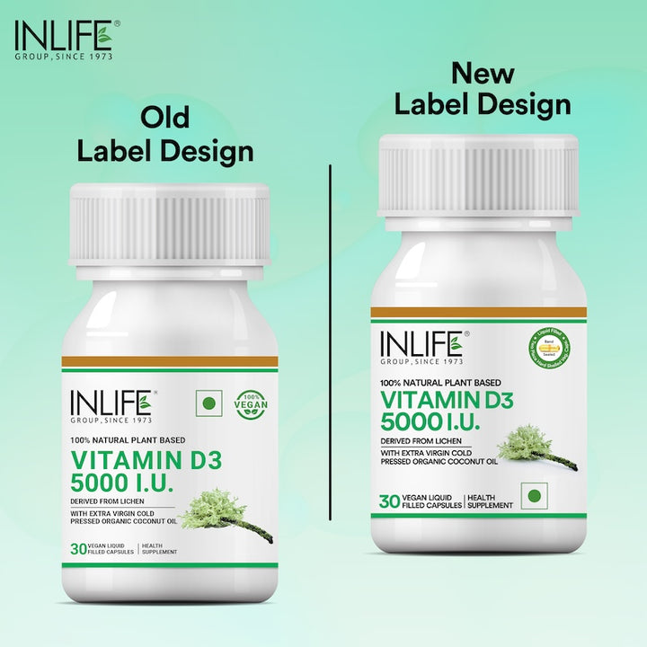 INLIFE Plant Based Vegan Vitamin D3 from Lichen 5000 IU - 30 Liquid Filled Vegetarian Capsules
