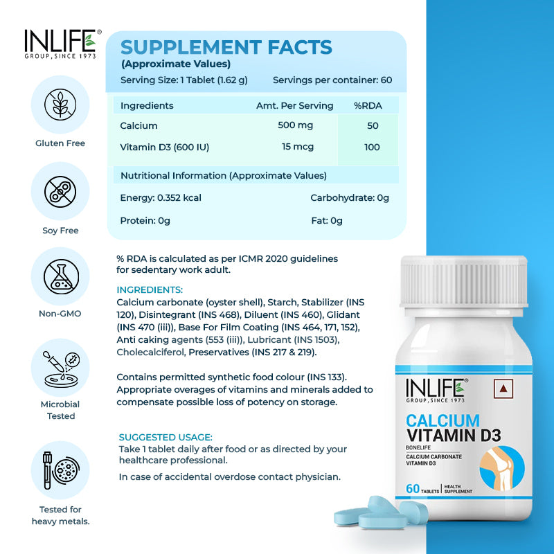 INLIFE Calcium 500 mg Vitamin D3 400 IU Supplement for Men Women