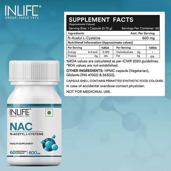 INLIFE N Acetyl Cysteine NAC Supplement 600mg | Supports Liver & Respiratory Health