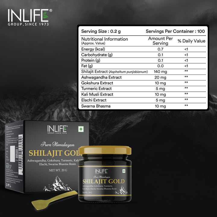INLIFE Shilajit Gold 20g | Original Himalayan Shilajeet Resin with Ashwagandha, Tribulus, Turmeric, Kali Musli