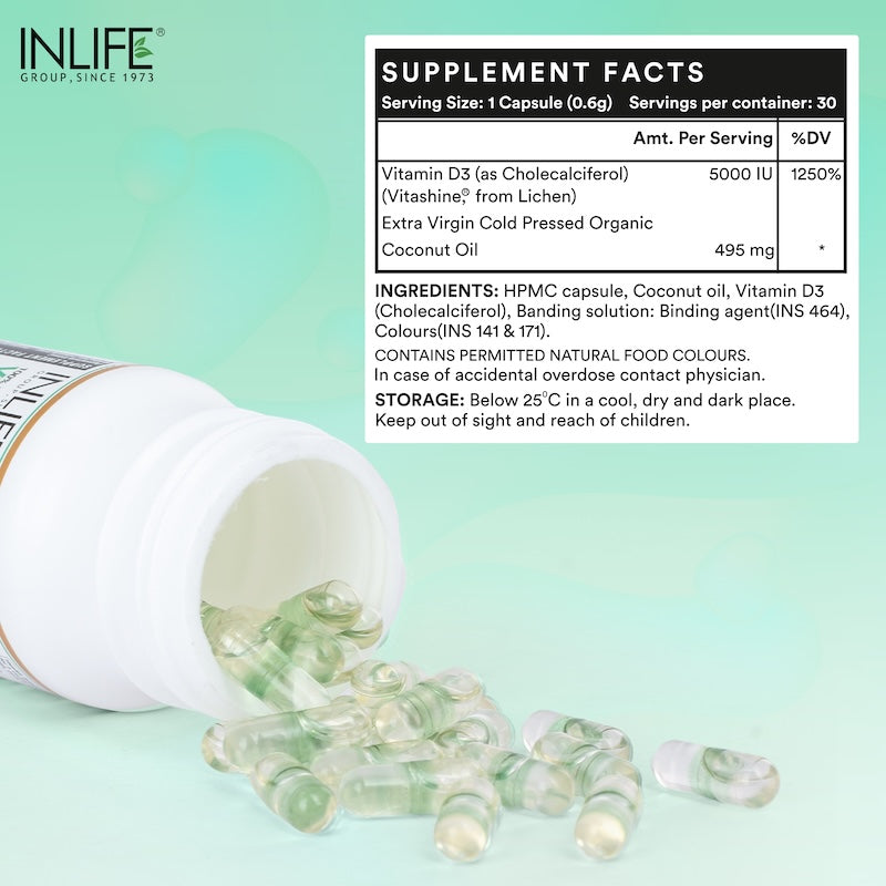 INLIFE Plant Based Vegan Vitamin D3 from Lichen 5000 IU - 30 Liquid Filled Vegetarian Capsules