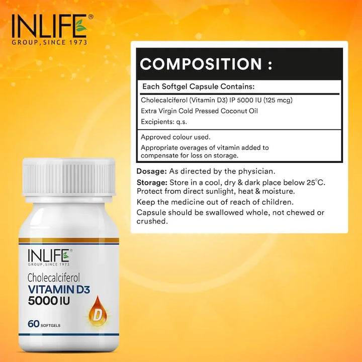 INLIFE Vitamin D3 Cholecalciferol 5000 IU Capsules Supplement - 60 Softgels
