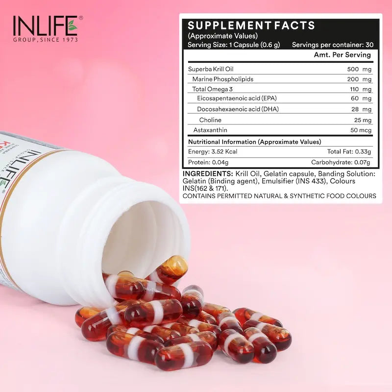 INLIFE Krill Oil Omega 3 Capsule | Pristine Water of Antractica | Omega 3 EPA DHA, Choline, Phospholipids and Astaxanthin Supplement, 500mg - 30 Liquid Filled Capsules