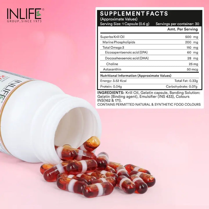 INLIFE Krill Oil Omega 3 Capsule | Pristine Water of Antractica | Omega 3 EPA DHA, Choline, Phospholipids and Astaxanthin Supplement, 500mg - 30 Liquid Filled Capsules