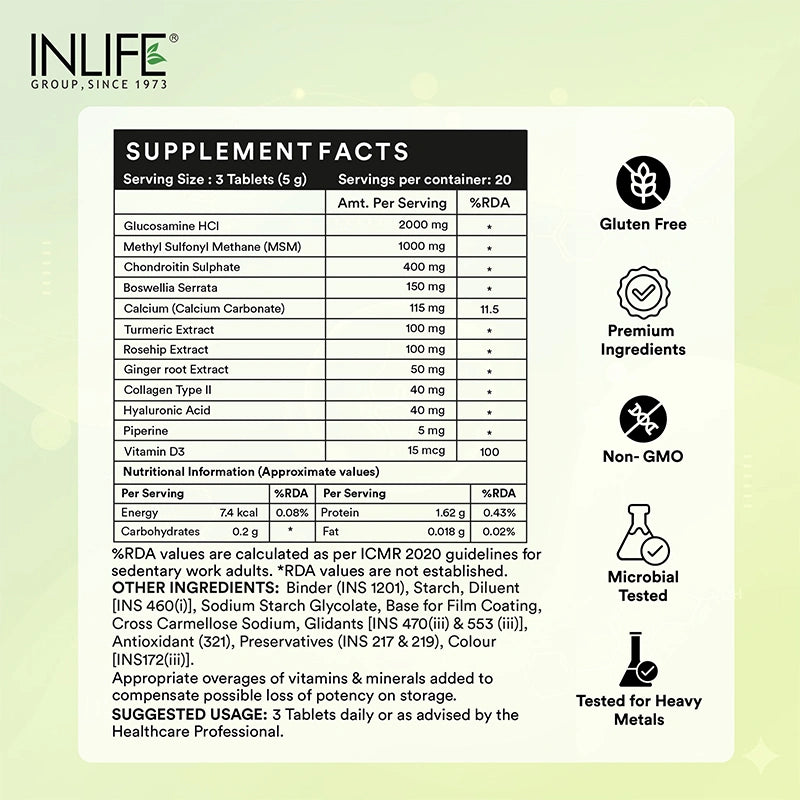 Inlife Glucosamine MSM Chondroitin & Collagen Tablets with Hyaluronic Acid, Calcium & Vitamin D3 | Tablets