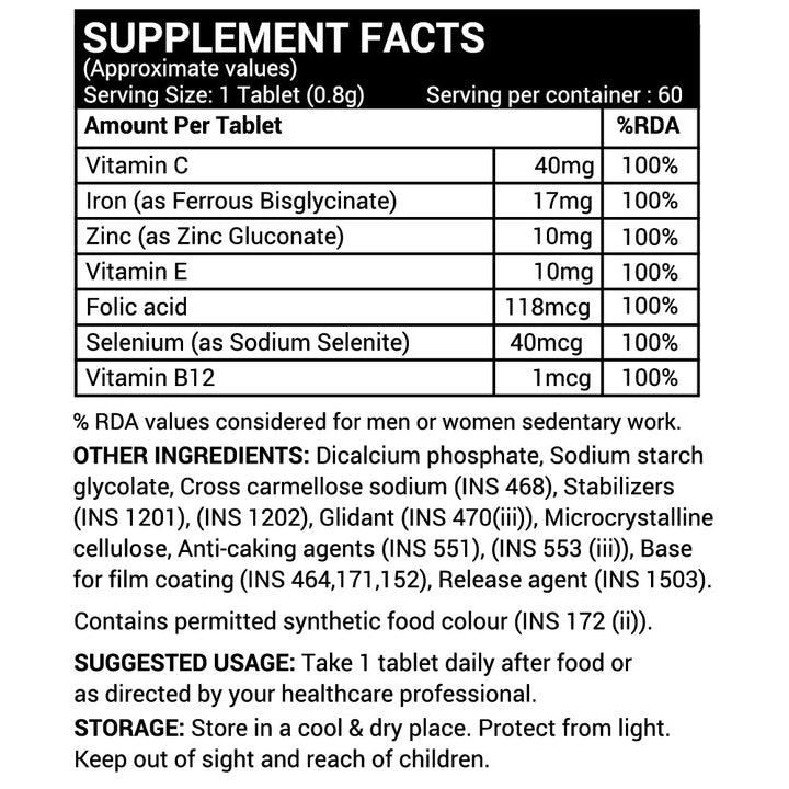 INLIFE Chelated Iron, Folic Acid, Vitamin C, E, B12, Zinc & Selenium Supplement - INLIFE Healthcare (International)