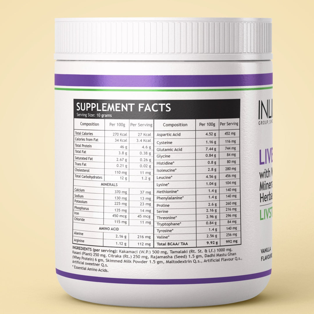 INLIFE Livstan Liver Support Supplement, Whey Protein Powder with Ayurvedic Herbs - 300 grams (Vanilla) - INLIFE Healthcare (International)