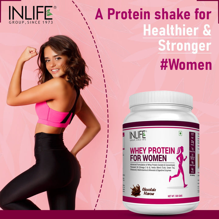 INLIFE Whey Protein Powder For Women Ayurvedic Herbs, 23g Protein, 21 Vitamins Minerals, Omega 3 6, With Digestive Enzymes (500g, Chocolate) - INLIFE Healthcare (International)