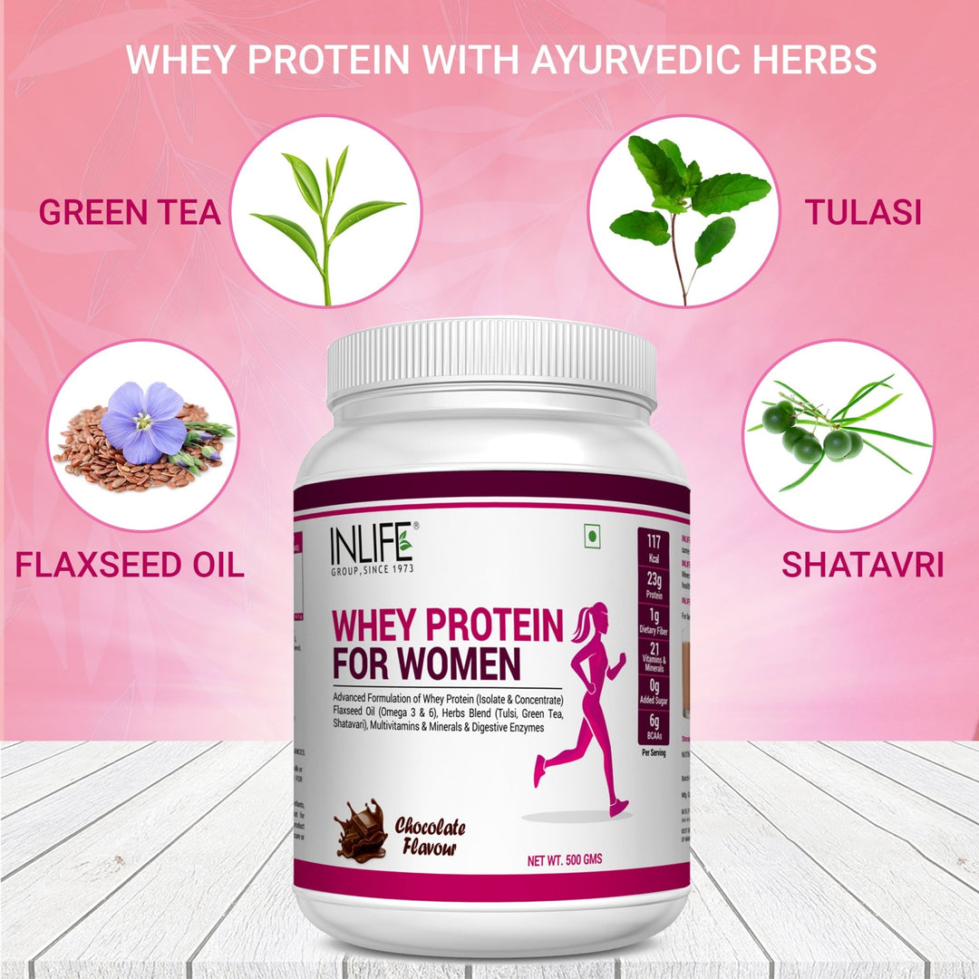 INLIFE Whey Protein Powder For Women Ayurvedic Herbs, 23g Protein, 21 Vitamins Minerals, Omega 3 6, With Digestive Enzymes (500g, Chocolate) - INLIFE Healthcare (International)