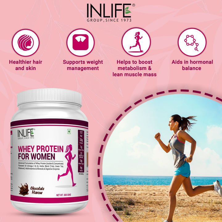 INLIFE Whey Protein Powder For Women Ayurvedic Herbs, 23g Protein, 21 Vitamins Minerals, Omega 3 6, With Digestive Enzymes (500g, Chocolate) - INLIFE Healthcare (International)