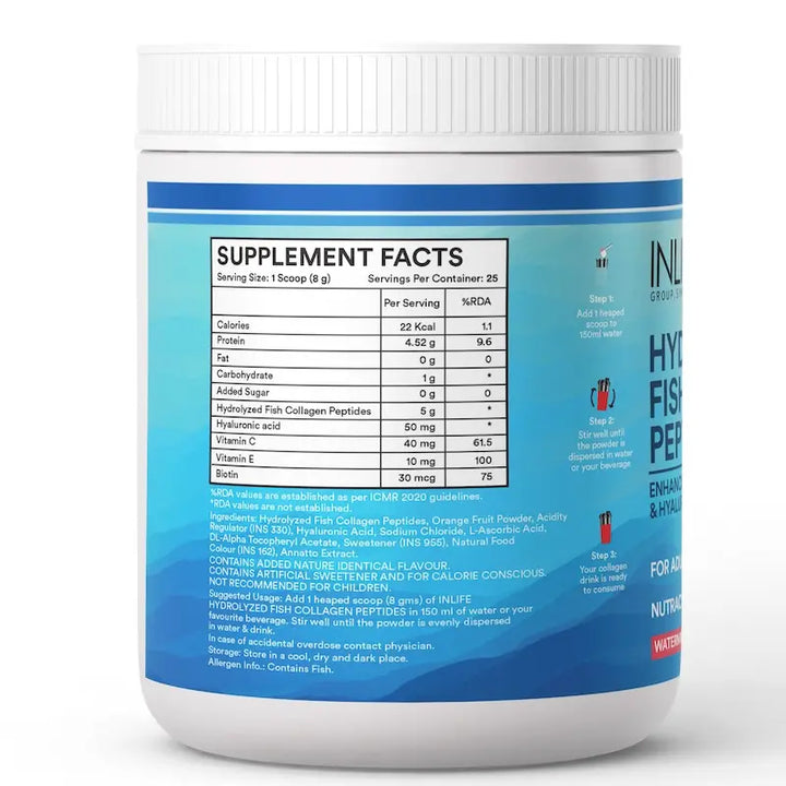 Inlife Hydrolyzed Fish Collagen Peptides Supplement | Enhanced with Vitamin E, Vitamin C, Biotin, Hyaluronic Acid 200g