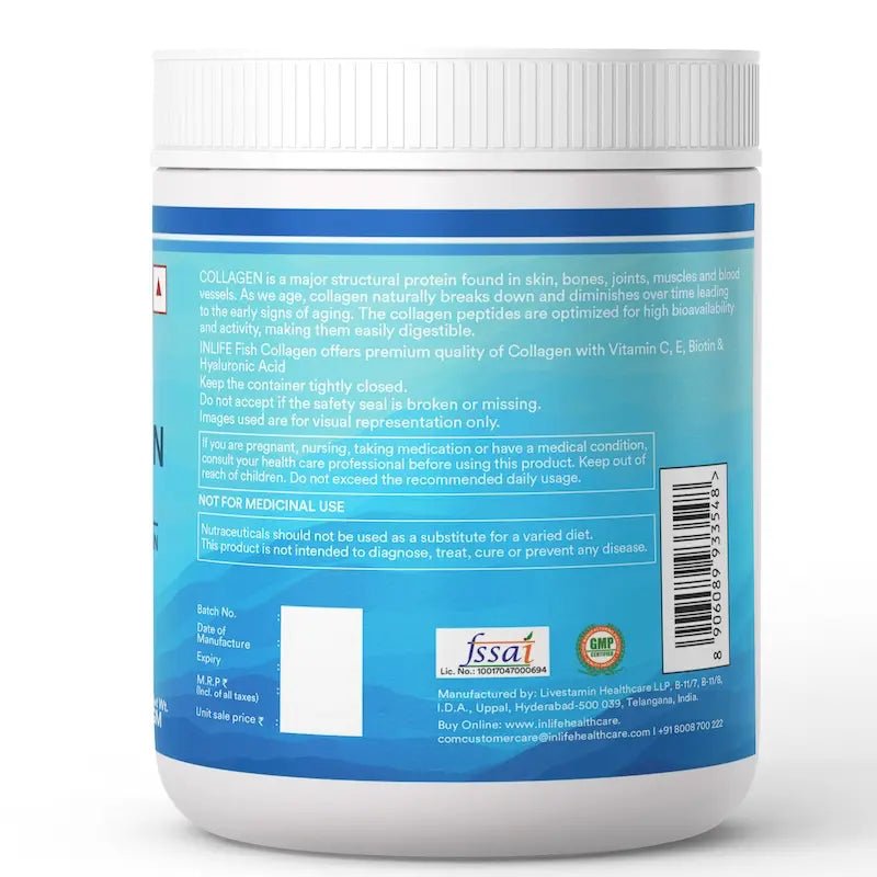 Inlife Hydrolyzed Fish Collagen Peptides Supplement | Enhanced with Vitamin E, Vitamin C, Biotin, Hyaluronic Acid 200g