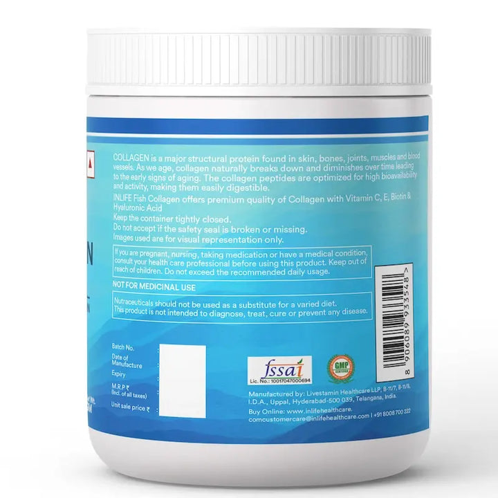 Inlife Hydrolyzed Fish Collagen Peptides Supplement | Enhanced with Vitamin E, Vitamin C, Biotin, Hyaluronic Acid 200g