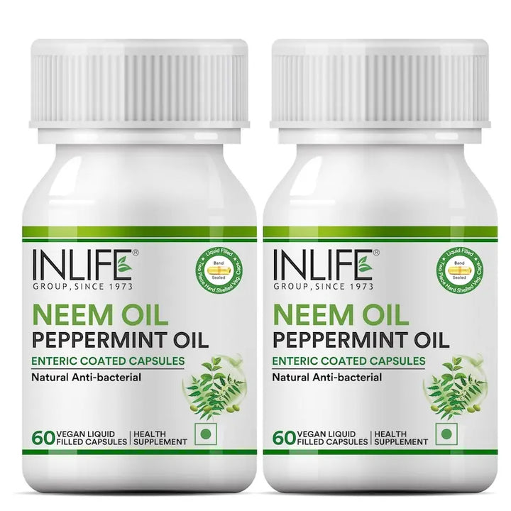 INLIFE Neem Oil 350mg with Peppermint Oil 150mg | Digestive Health & Skin, Hair Care Supplement | Enteric Coated Capsules – 60 Liquid Filled Vegetarian Capsules