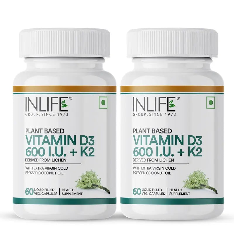 INLIFE Plant Based Vitamin D3 K2 Supplement, 600 IU - 60 Vegetarian Capsules