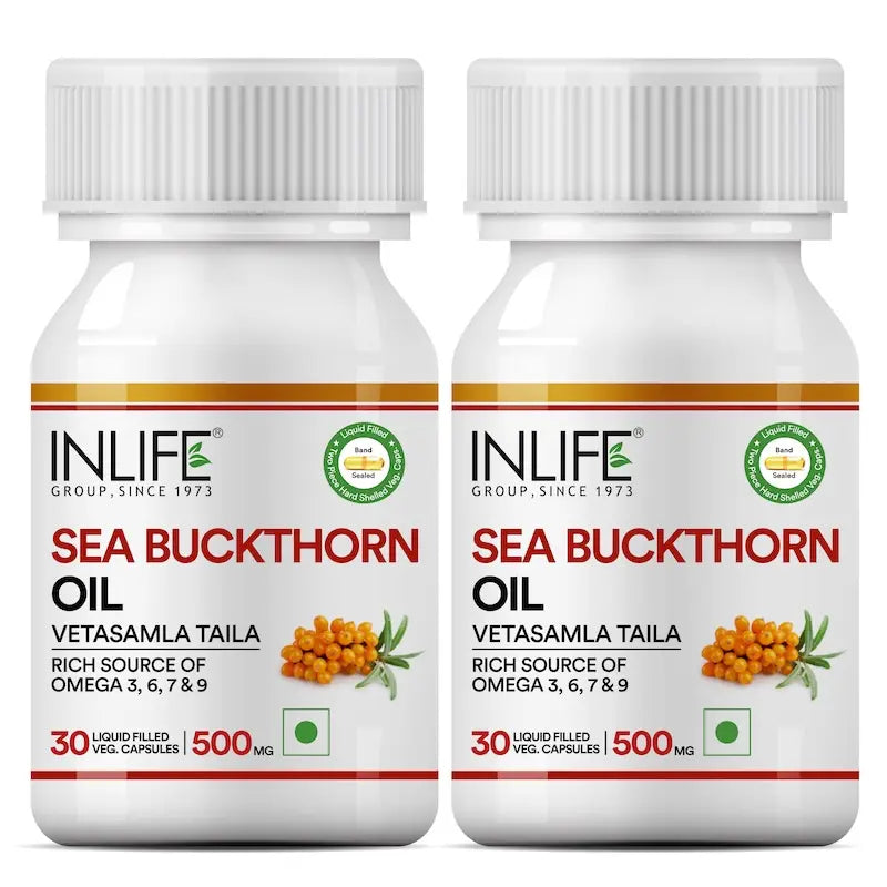 INLIFE Sea Buckthorn Oil Capsules 500mg | Omega 3 6 7 9 Supplement for Skin and Overall Wellness - 30 Liquid Filled Vegetarian Capsules