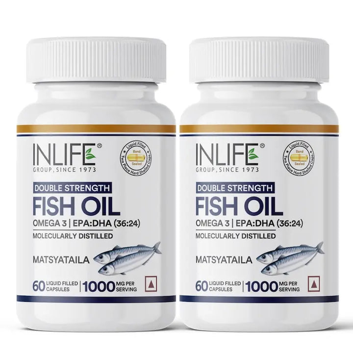 INLIFE Fish Oil Omega 3 Capsule 1000mg | Double Strength | Supplement for Heart, Brain and Joint Health for Men Women | EPA:DHA 36:24 - 60 Liquid Filled Capsules