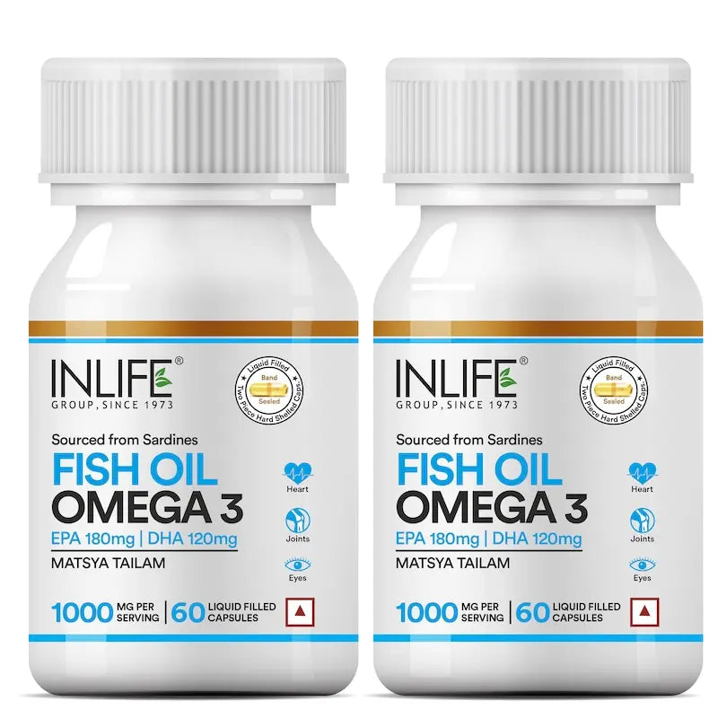 INLIFE Fish Oil Capsules Omega 3 1000mg | 180mg EPA & 120mg DHA | Promotes Brain, Heart, Joint & Eye Health - 60 Liquid Filled Capsules