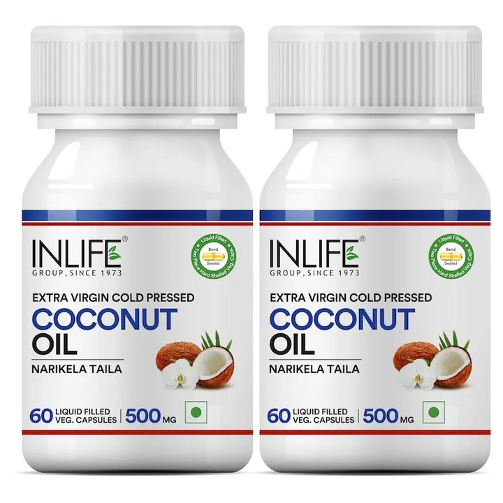 INLIFE Coconut Oil Capsules | Extra Virigin Cold Pressed | 500mg per Serving | Supports Keto & Well-being - 60 Vegetarian Capsules