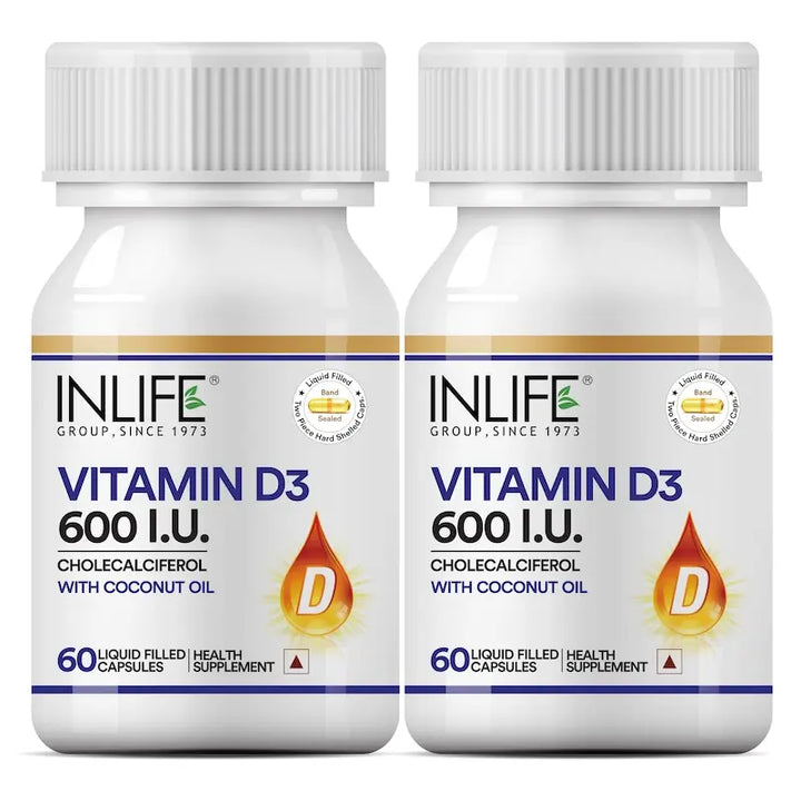 INLIFE Vitamin D3 600 IU Cholecalciferol Supplement with Coconut Oil - 60 Liquid Filled Capsules