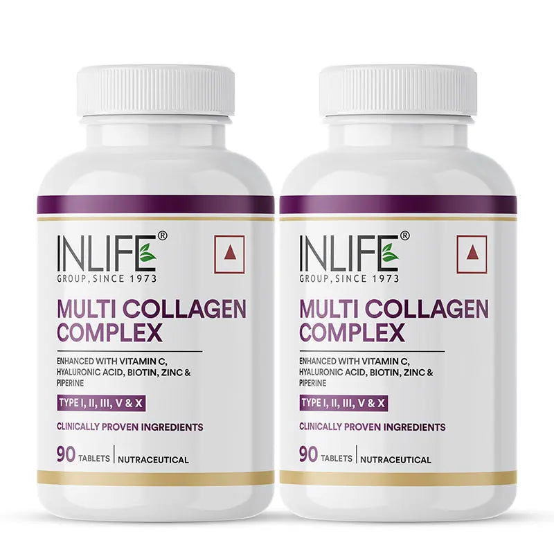 INLIFE Multi Collagen Complex Tablets | 5 Types Peptides I, II, III, V & X with Biotin, Hyaluronic Acid | Collagen Powder Supplements for Women & Men