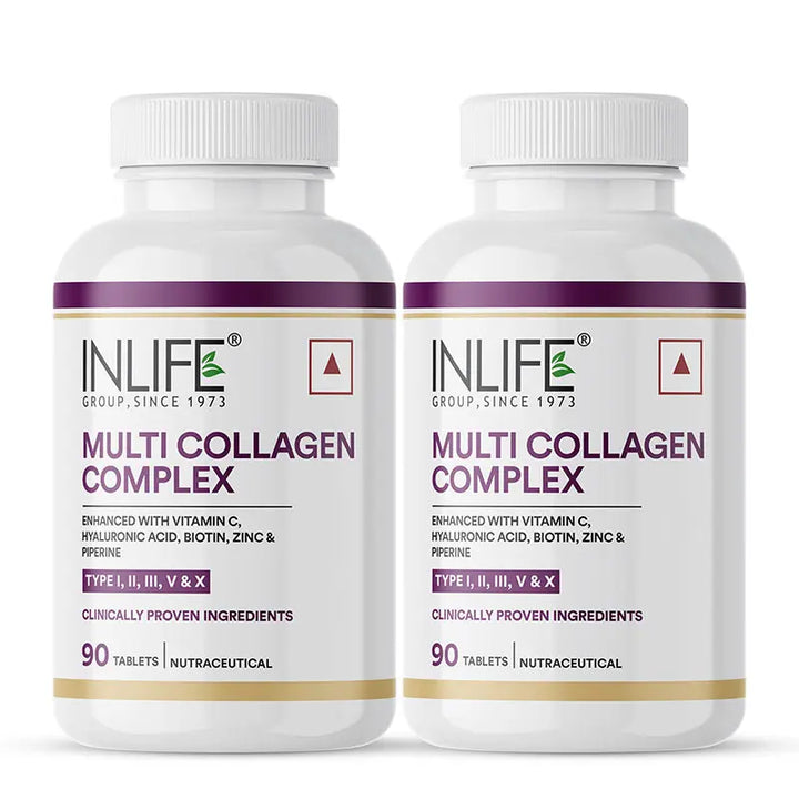 INLIFE Multi Collagen Complex Tablets | 5 Types Peptides I, II, III, V & X with Biotin, Hyaluronic Acid | Collagen Powder Supplements for Women & Men