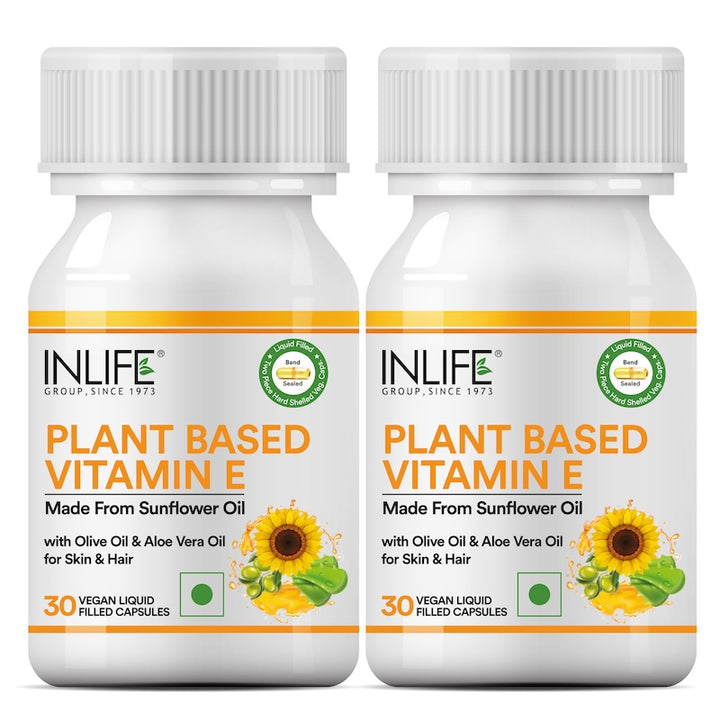 INLIFE Plant Based Natural Vitamin E | Sunflower Olive and Aloe Vera Oil | Face Hair Skin Health Supplement - 30 Liquid Filled Vegetarian Capsules