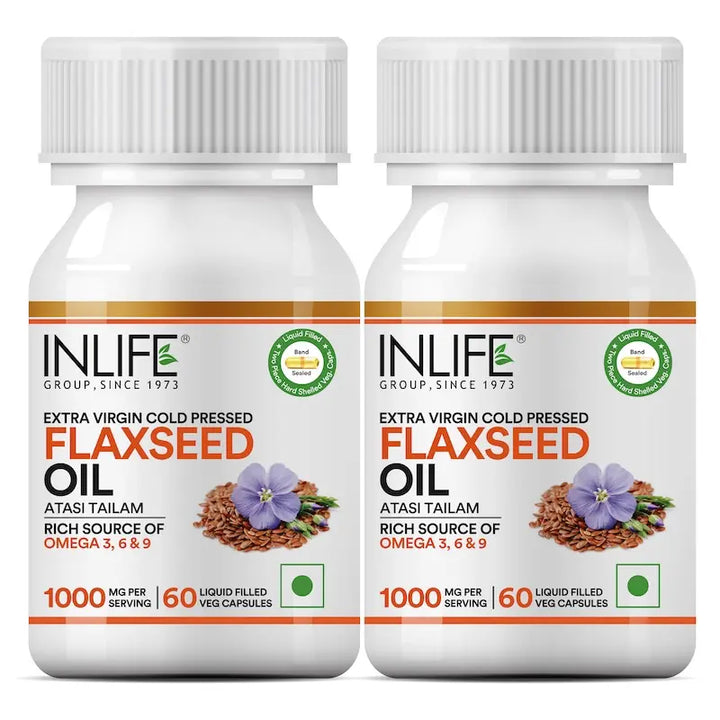 INLIFE Flaxseed Oil Veg Omega 3 6 9 Supplement, Extra Virgin Cold Pressed 500 mg - 60 Vegetarian Capsules