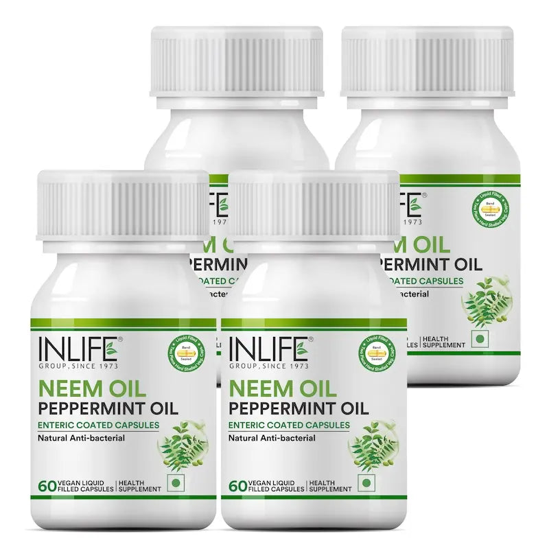 INLIFE Neem Oil 350mg with Peppermint Oil 150mg | Digestive Health & Skin, Hair Care Supplement | Enteric Coated Capsules – 60 Liquid Filled Vegetarian Capsules