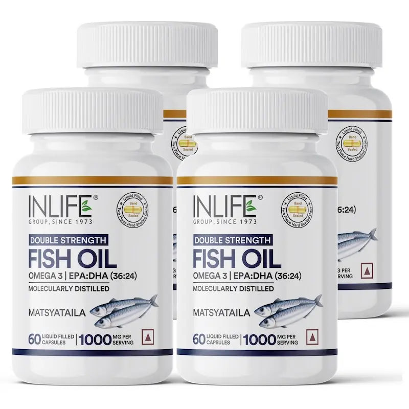 INLIFE Fish Oil Omega 3 Capsule 1000mg | Double Strength | Supplement for Heart, Brain and Joint Health for Men Women | EPA:DHA 36:24 - 60 Liquid Filled Capsules