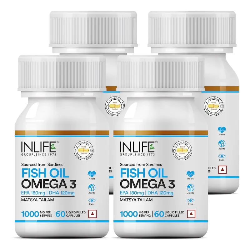 INLIFE Fish Oil Capsules Omega 3 1000mg | 180mg EPA & 120mg DHA | Promotes Brain, Heart, Joint & Eye Health - 60 Liquid Filled Capsules