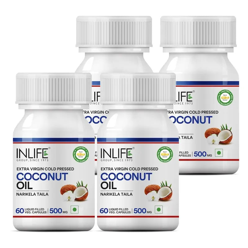 INLIFE Coconut Oil Capsules | Extra Virigin Cold Pressed | 500mg per Serving | Supports Keto & Well-being - 60 Vegetarian Capsules