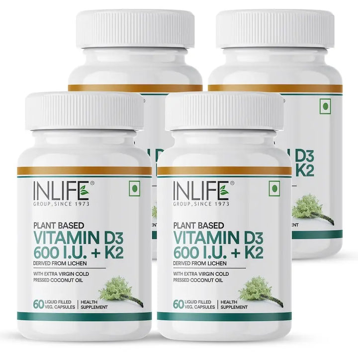 INLIFE Plant Based Vitamin D3 K2 Supplement, 600 IU - 60 Vegetarian Capsules