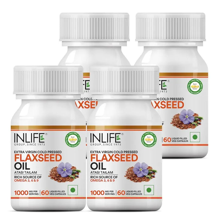 INLIFE Flaxseed Oil Veg Omega 3 6 9 Supplement, Extra Virgin Cold Pressed 500 mg - 60 Vegetarian Capsules