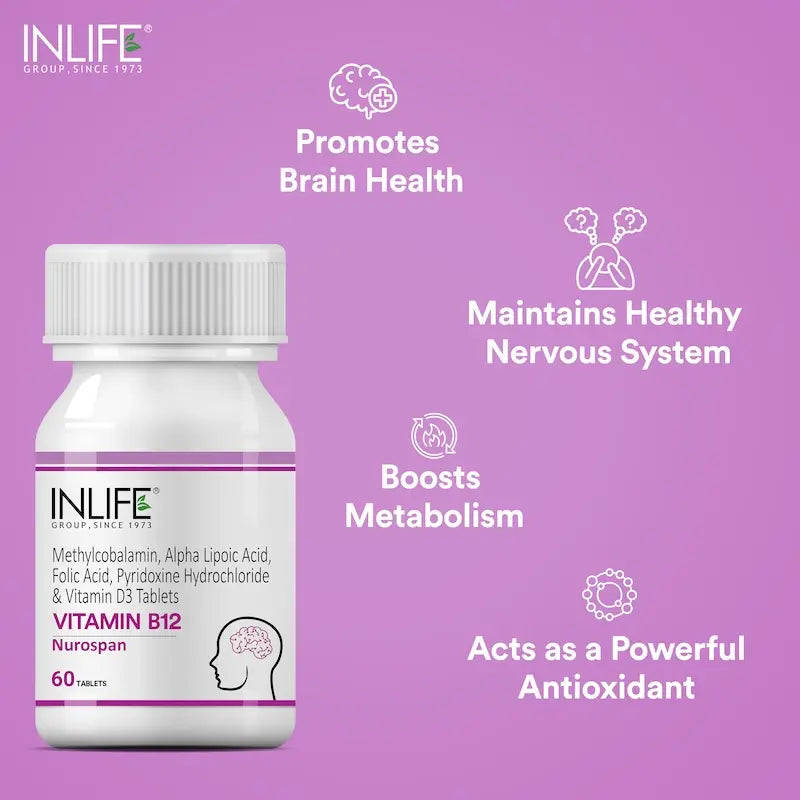 INLIFE Vitamin B12 (Methylcobalamin) 1500mcg Supplement with ALA, Folic Acid, Vitamin D3 | Nerve and Brain Health for Men & Women