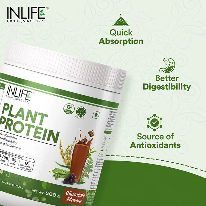 INLIFE Plant Protein Powder - Pea, Quinoa & Brown Rice - 25g Protein - Ashwagandha, Green Tea & Grape Seed Extract | Digestive Enzymes Bodybuilding Supplement