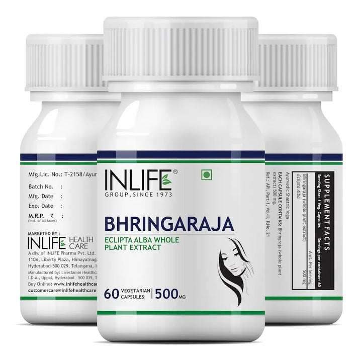 INLIFE Bhringraj Capsules for Hair | Whole Plant Extract Supplement | Eclipta Alba | Supports Healthy Hair for Women & Men, 500mg