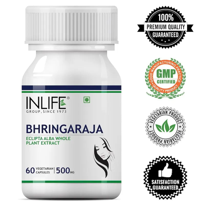 INLIFE Bhringraj Capsules for Hair | Whole Plant Extract Supplement | Eclipta Alba | Supports Healthy Hair for Women & Men, 500mg